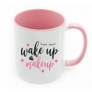 Cana cu interior roz si mesaj "Wake up and make up"