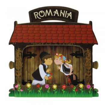Magnet de frigider din lemn, suvenir Romania, 7/12 x 8 cm