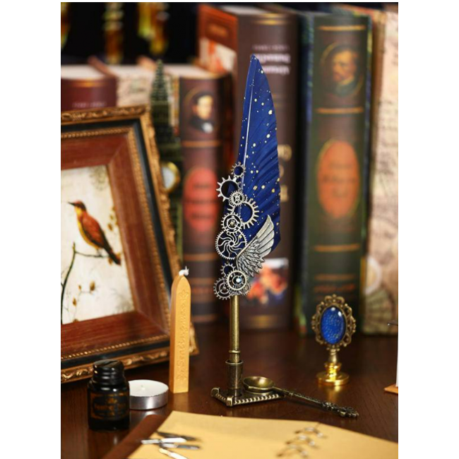 Set stilou cu pana albastra cu ornamente metalice, Ceara pentru Sigiliu, Stampila, Lingurita, 5 Penite si Suport