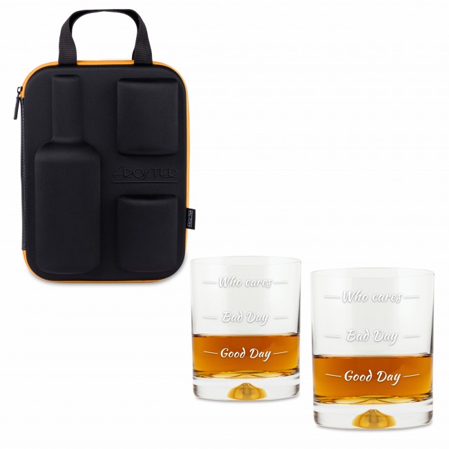 Carcasa cu 2 pahare elegante de whisky inscriptionate cu mesaj si loc pentru sticla