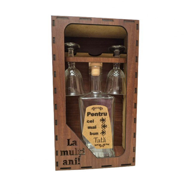 Set sticla si 2 pahare cu mesaj "Pentru cel mai bun tata" in cutie din lemn