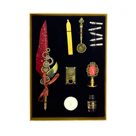 Set stilou cu pana rosie cu ornamente metalice, Ceara pentru Sigiliu, Stampila, Lingurita, 5 Penite si Suport